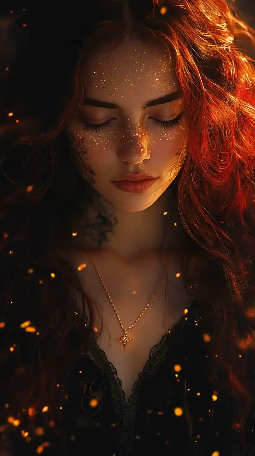 Mystical woman with ornate tattoos in golden light