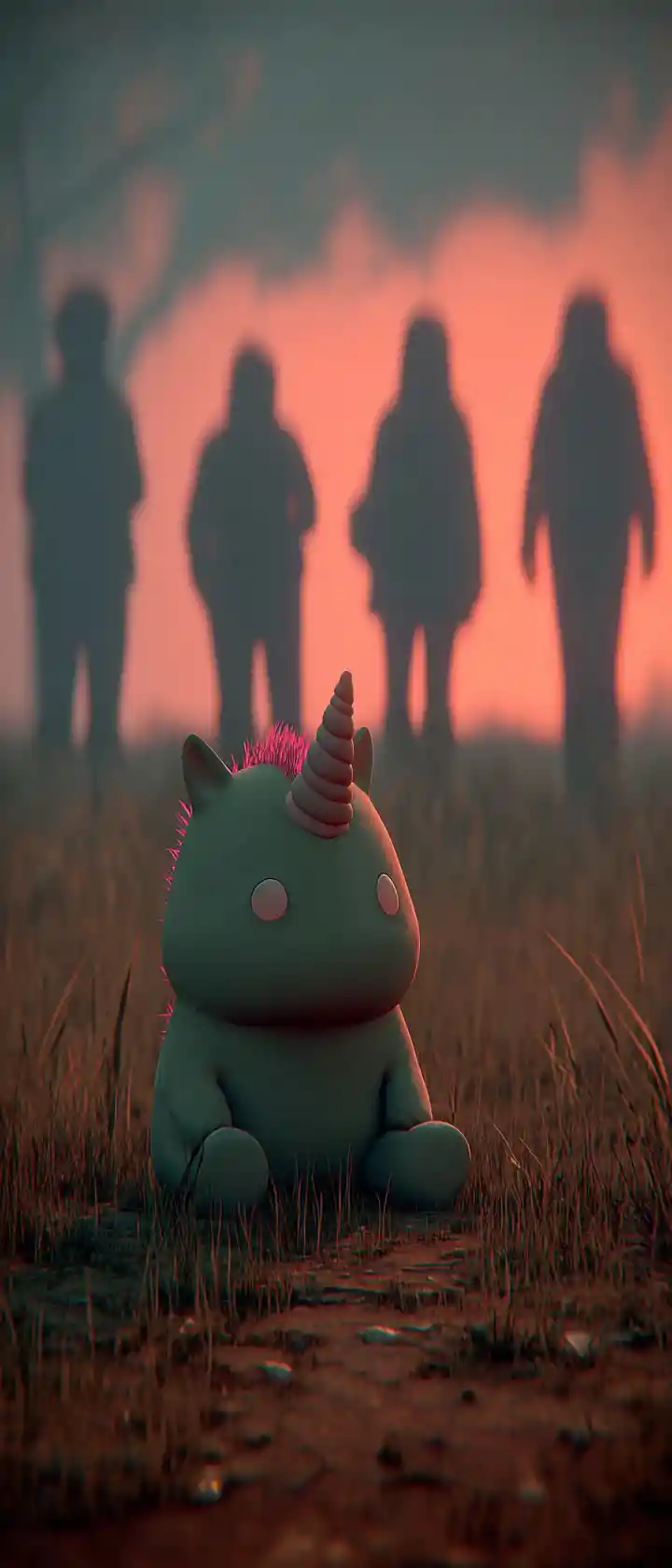 Trauriges Anime-Einhorn-Kleinkind allein auf einer stillen Wiese