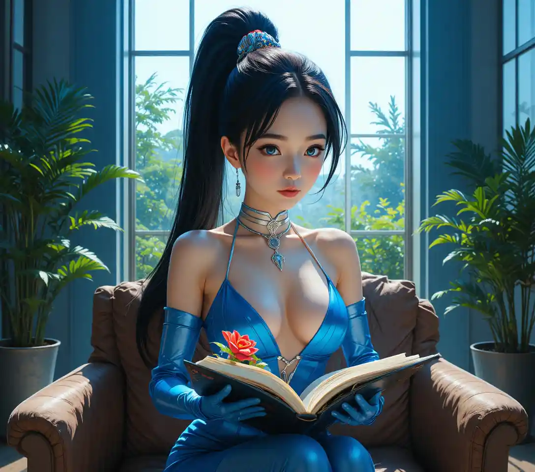 玻璃罐中閱讀的未來感動漫女子