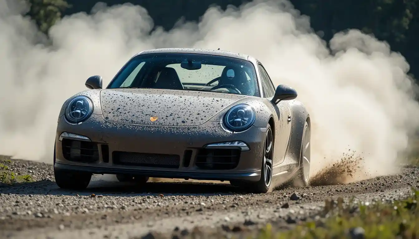 Porsche 911 drifting through a gravel corner in forest