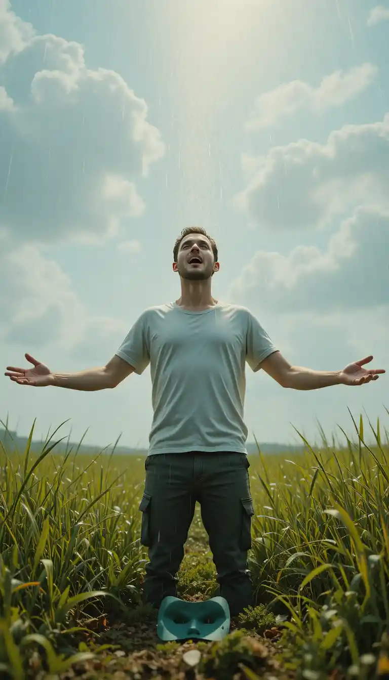 Man standing on grass with open arms under dramatic sky
