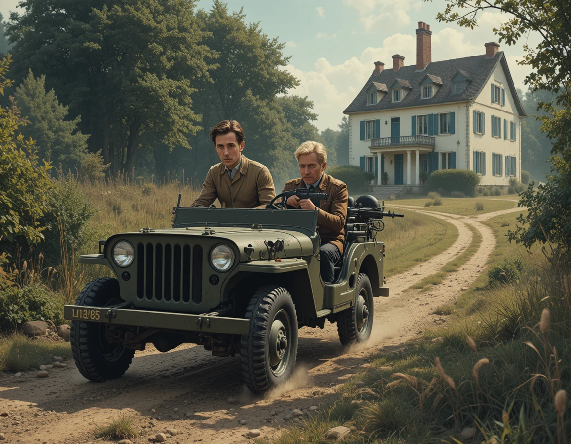 Tense espionage standoff by jeep on a dusty country road