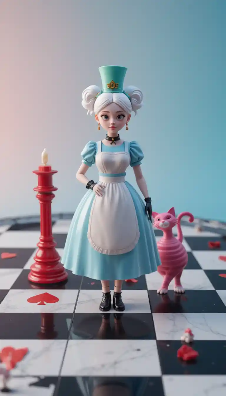 Storybook girl on checkerboard floor with red hearts