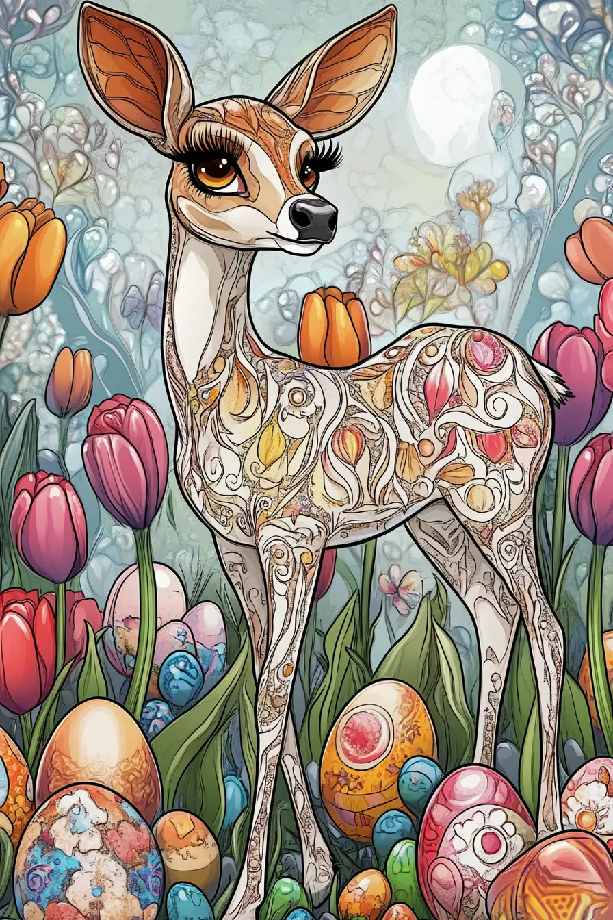Anthropomorphic deer diva in tulip field with Easter eggs