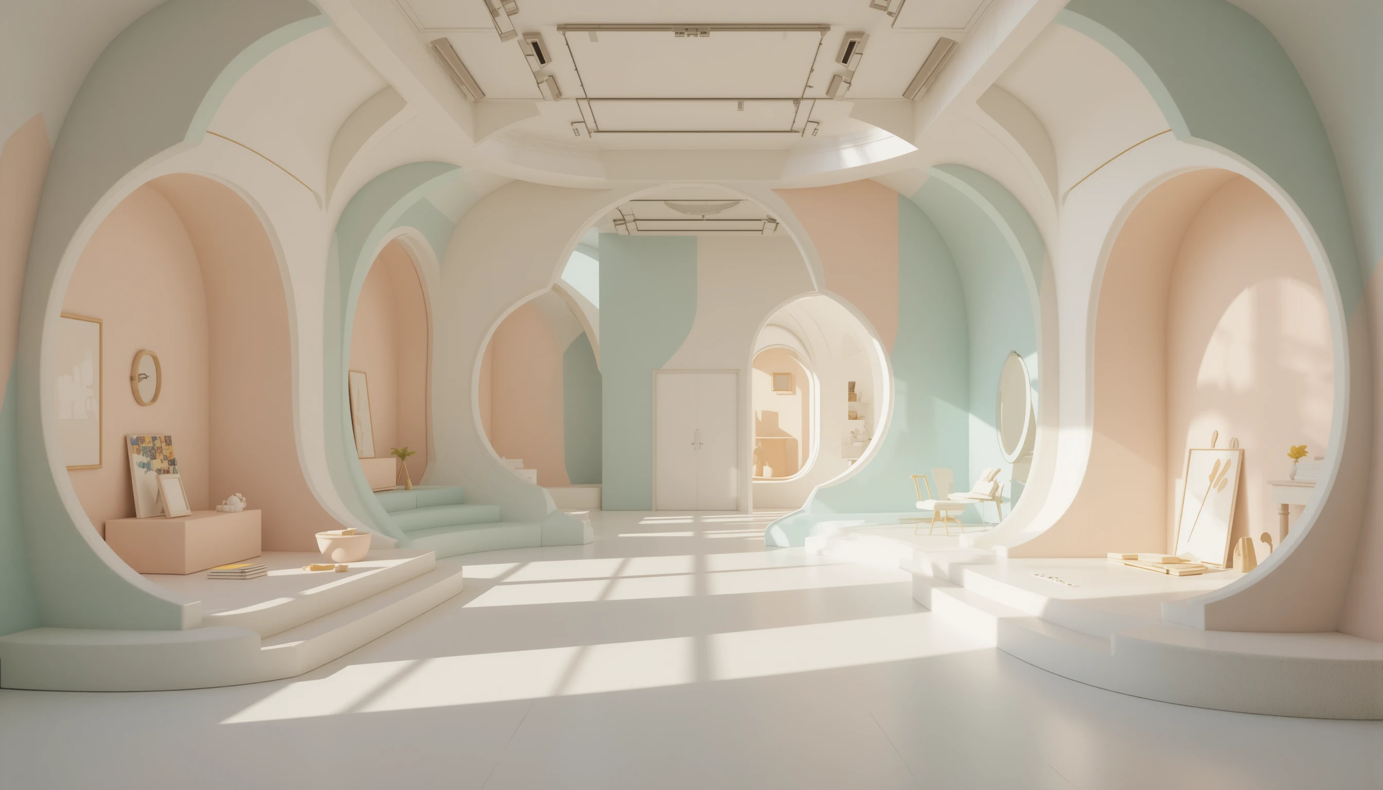 Galeria de arte minimalista em tons pastéis com formas interiores escultóricas