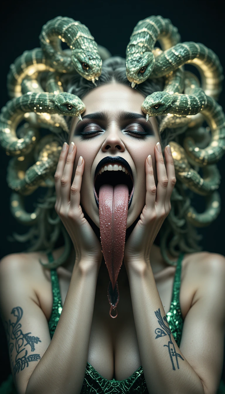 Surreal medusa inspired woman screaming in gothic fashion