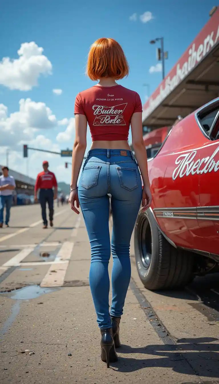 Vue en contre-plongée d’une femme près d’une voiture de course