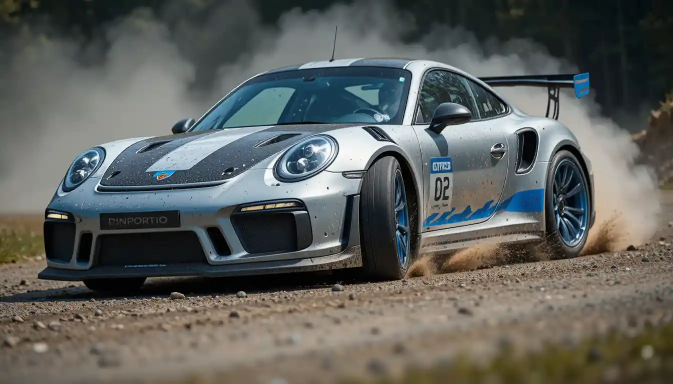 Porsche 911 argento in derapata su una curva di ghiaia nel bosco