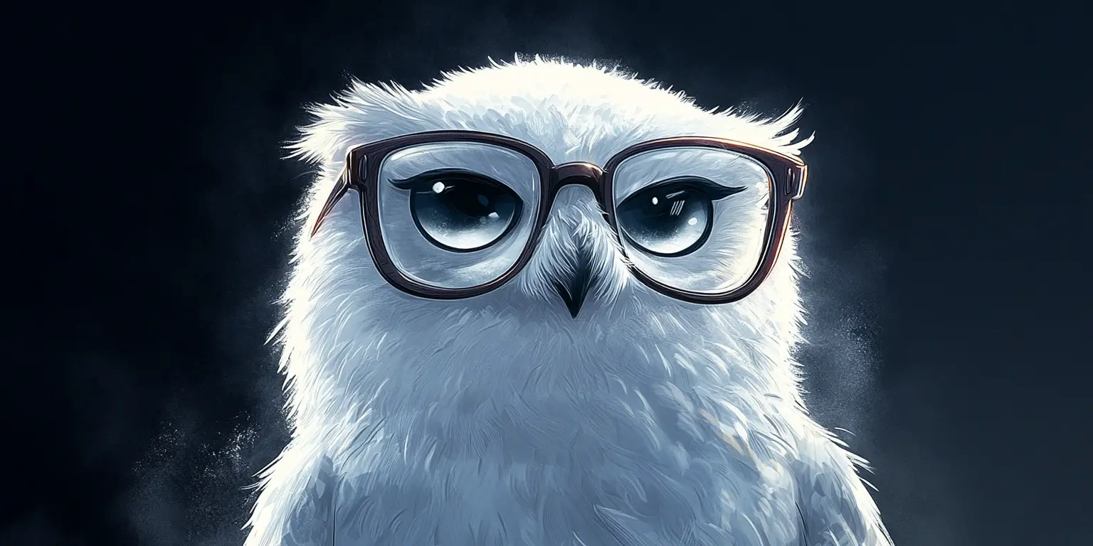 Sarcastic Cartoon Snow Owl With Glowing Eyes In Darkness