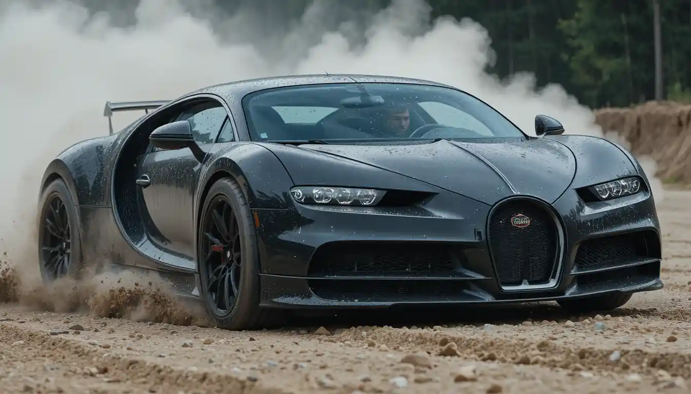 砂利道の森のコーナーをドリフトするブガッティスポーツカー