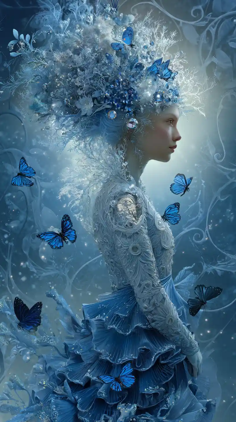 Mujer etérea coronada con mariposas en un bosque azul de fantasía