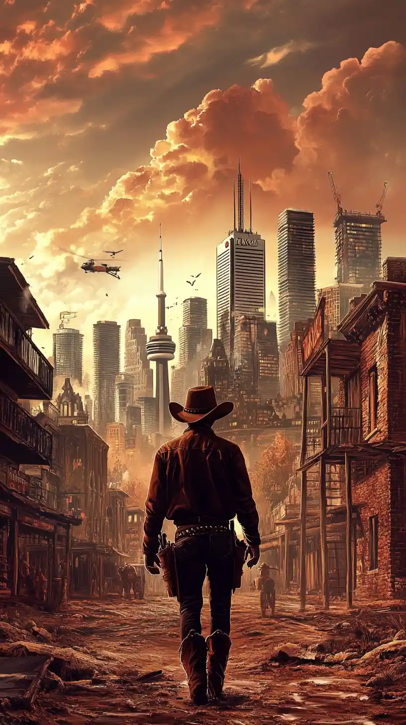 Gloomy western cityscape of Toronto in cowboy inspired style