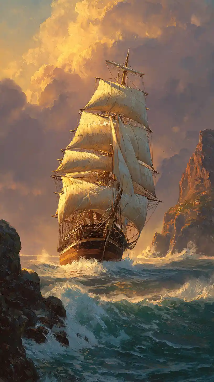 Majestic clipper ship battling waves near rocky cape
