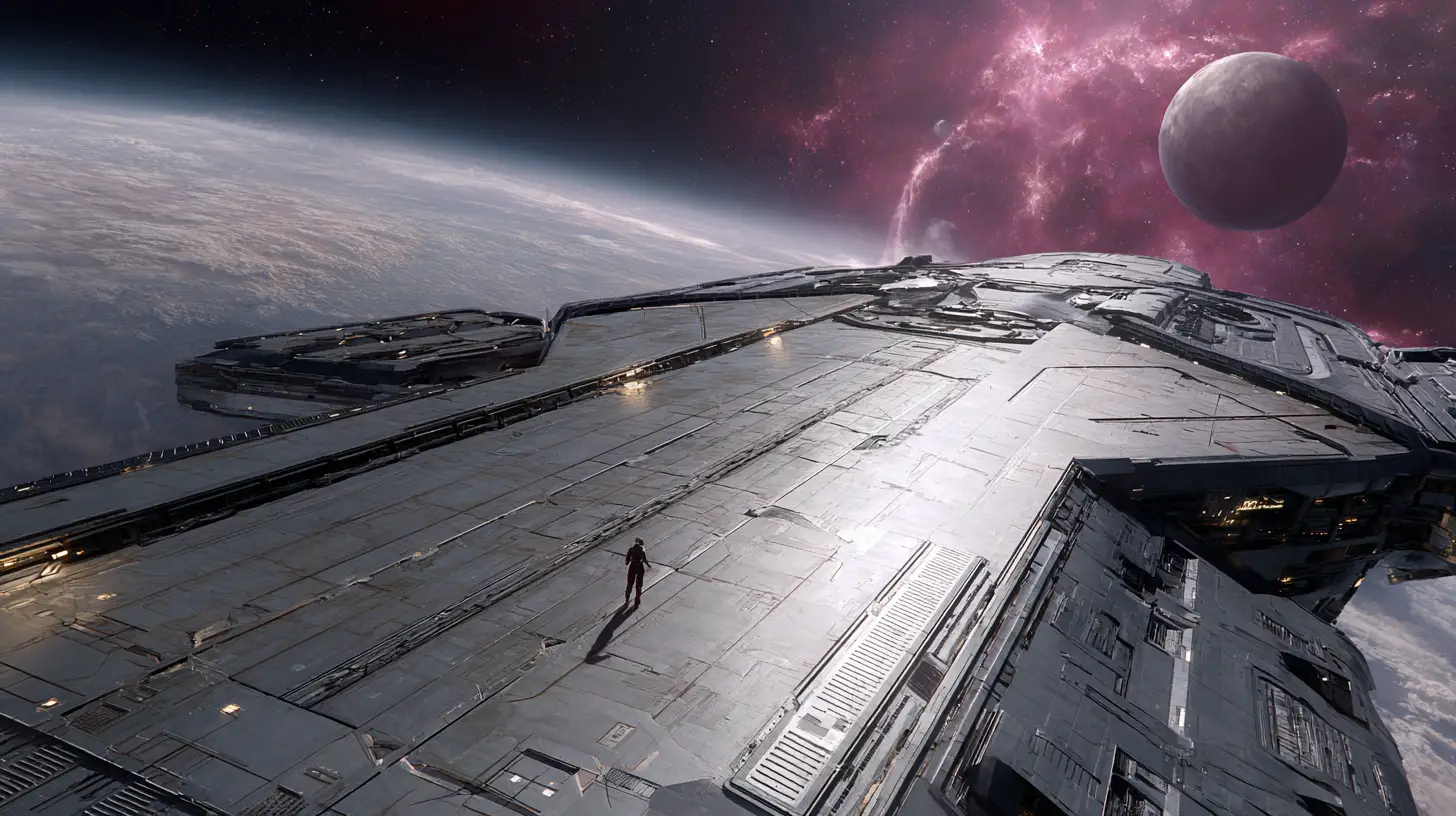 Sci fi starship deck with tiny figure in deep space