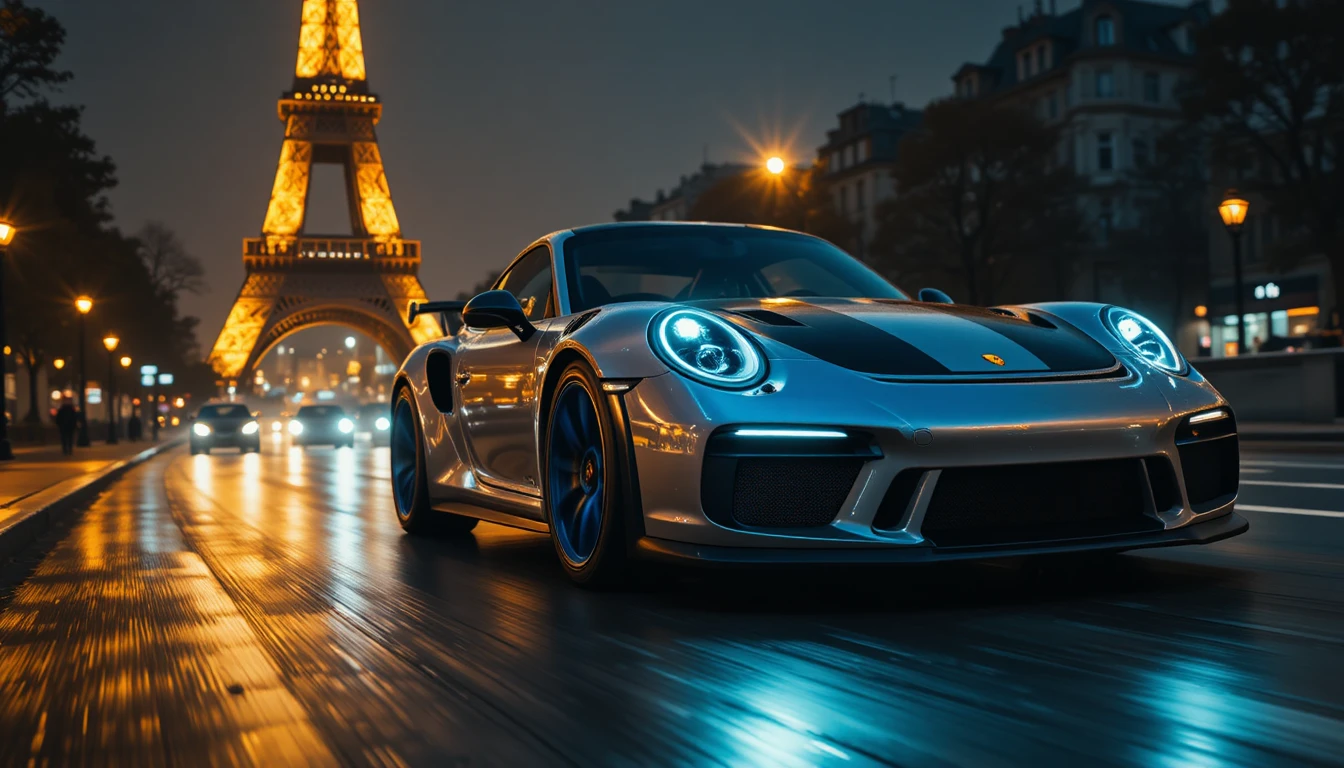 Silver sports car racing through Paris at night