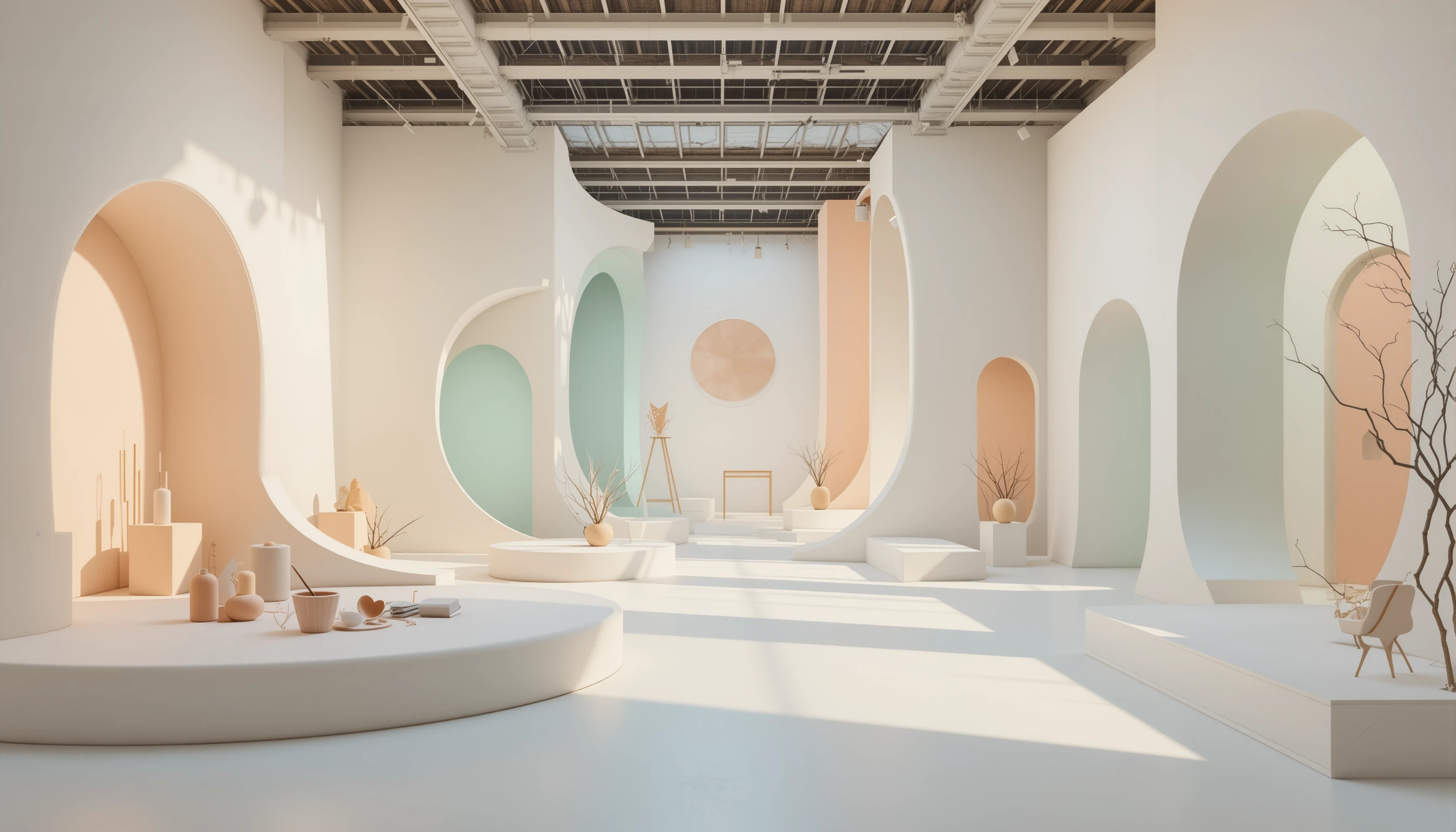 Galeria de arte minimalista em tons pastéis com formas interiores esculturais