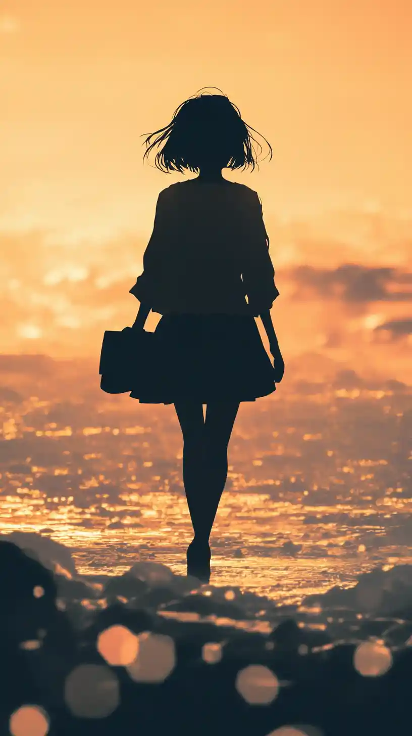 Anime woman walking alone on a rocky beach