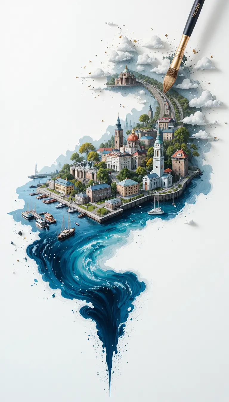 Pennellata che crea un tratto calligrafico con skyline 3D di Helsinki