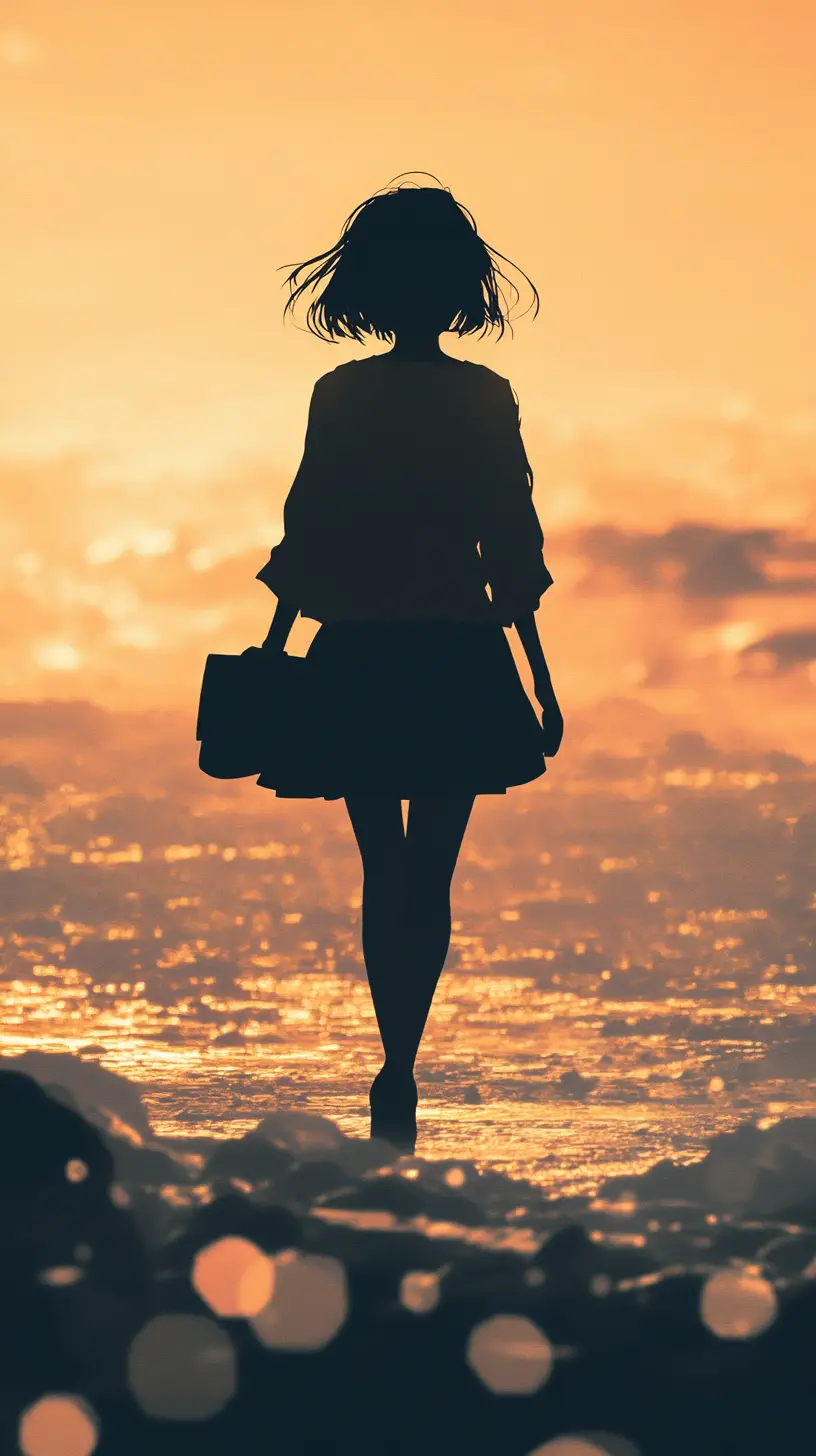 Anime woman walking alone on a rocky beach