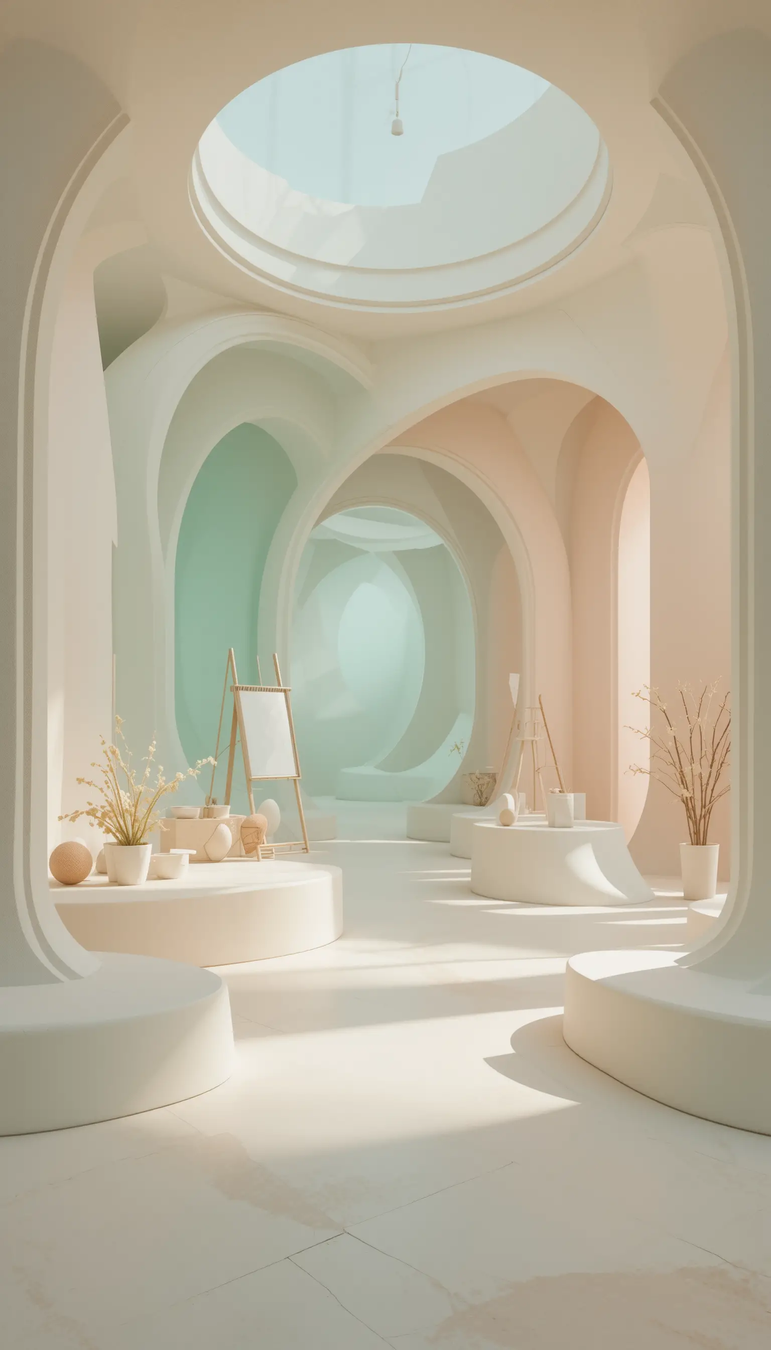 Galería de arte minimalista serena con interiores escultóricos suaves