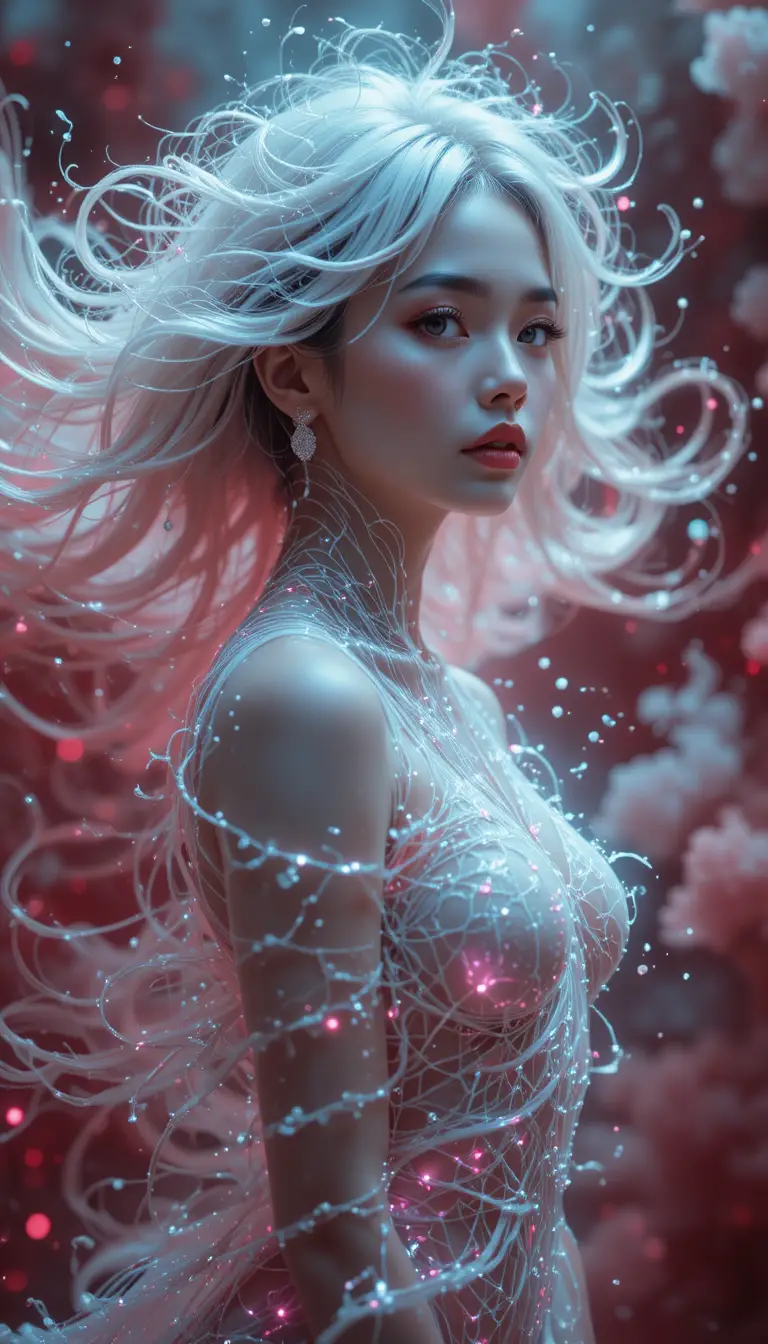 抽象流體造型中長髮飛舞的超現實少女