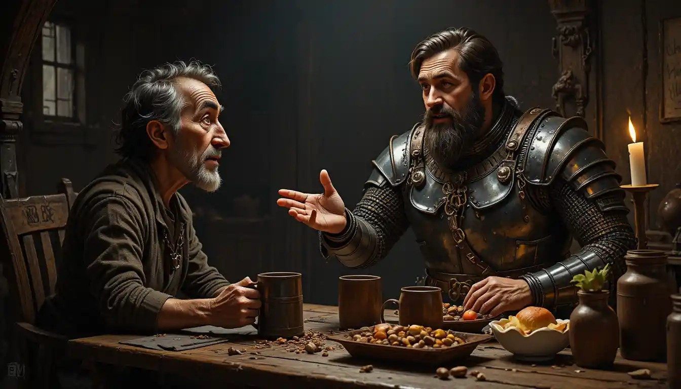 Medieval warrior talking with a ragged man in candlelight