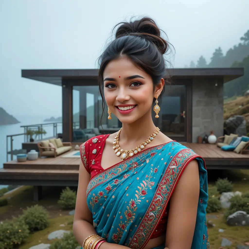 Joyful Indian girl in sea blue saree close up portrait