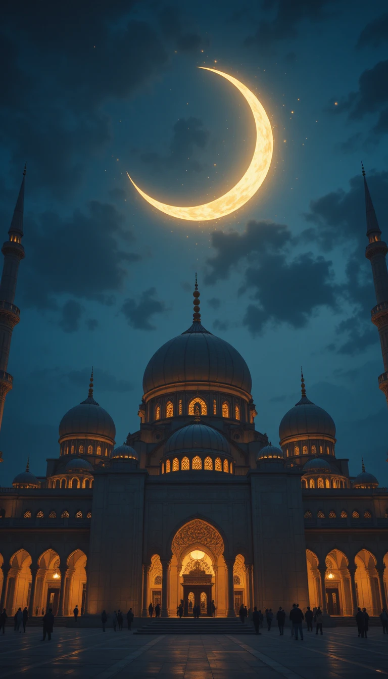 Crescent moon over a grand mosque on a peaceful ramadan night
