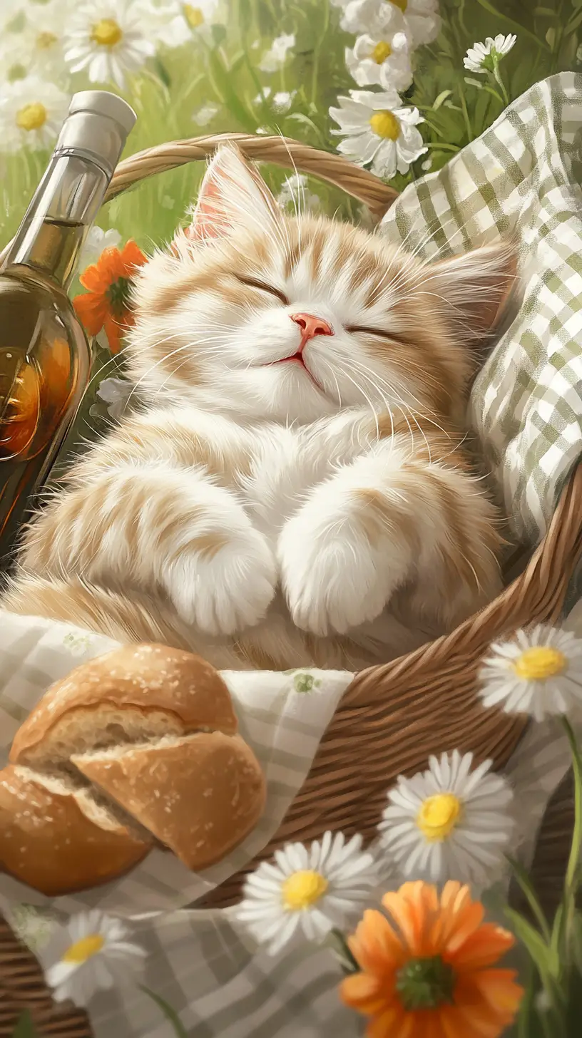 Fluffy cat napping at a cozy summer picnic