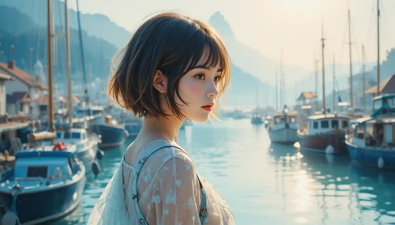 Ragazza anime dai capelli corti in un porto mattutino rinfrescante