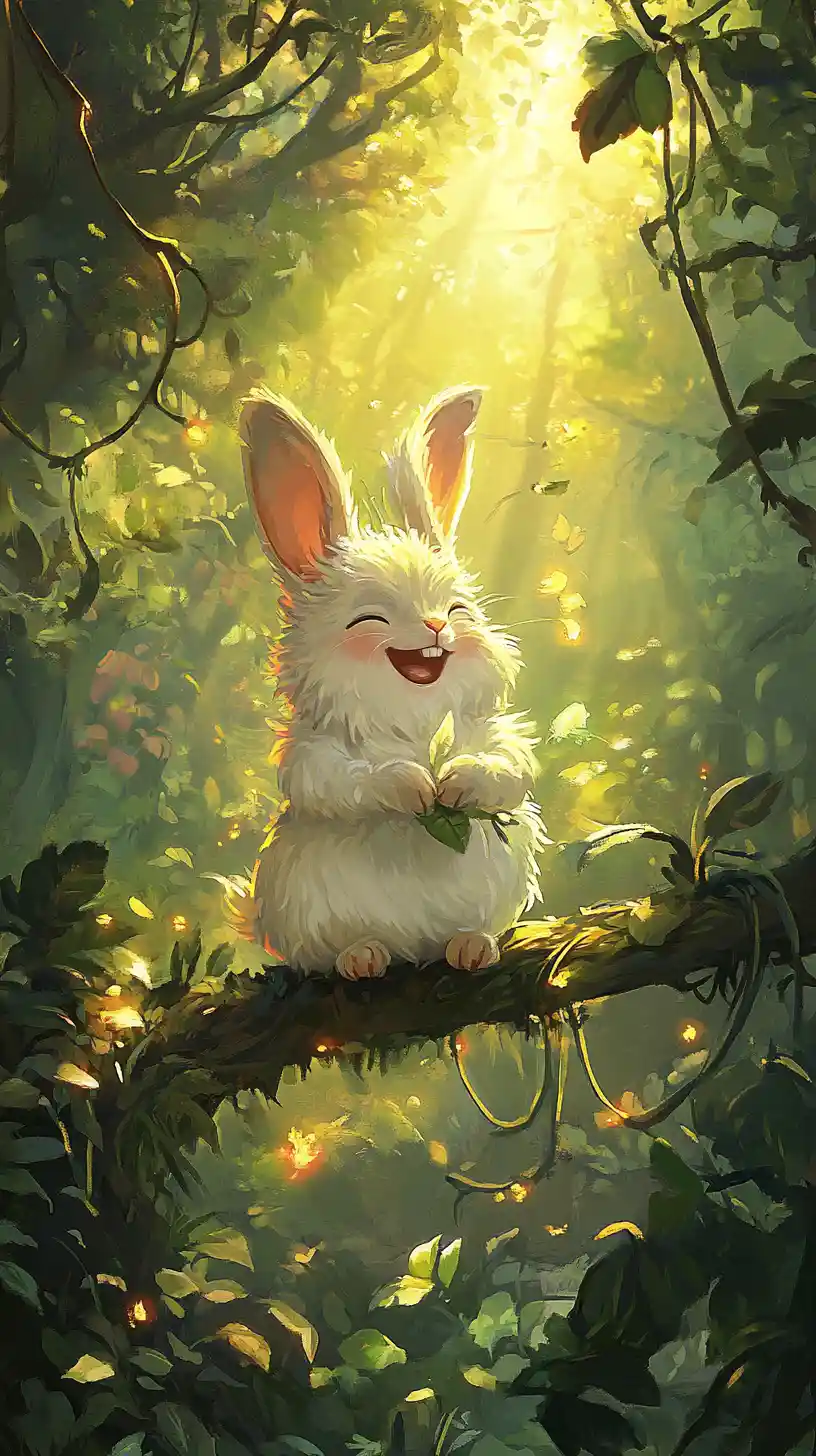 Laughing rabbit on a branch in a glowing fantasy forest