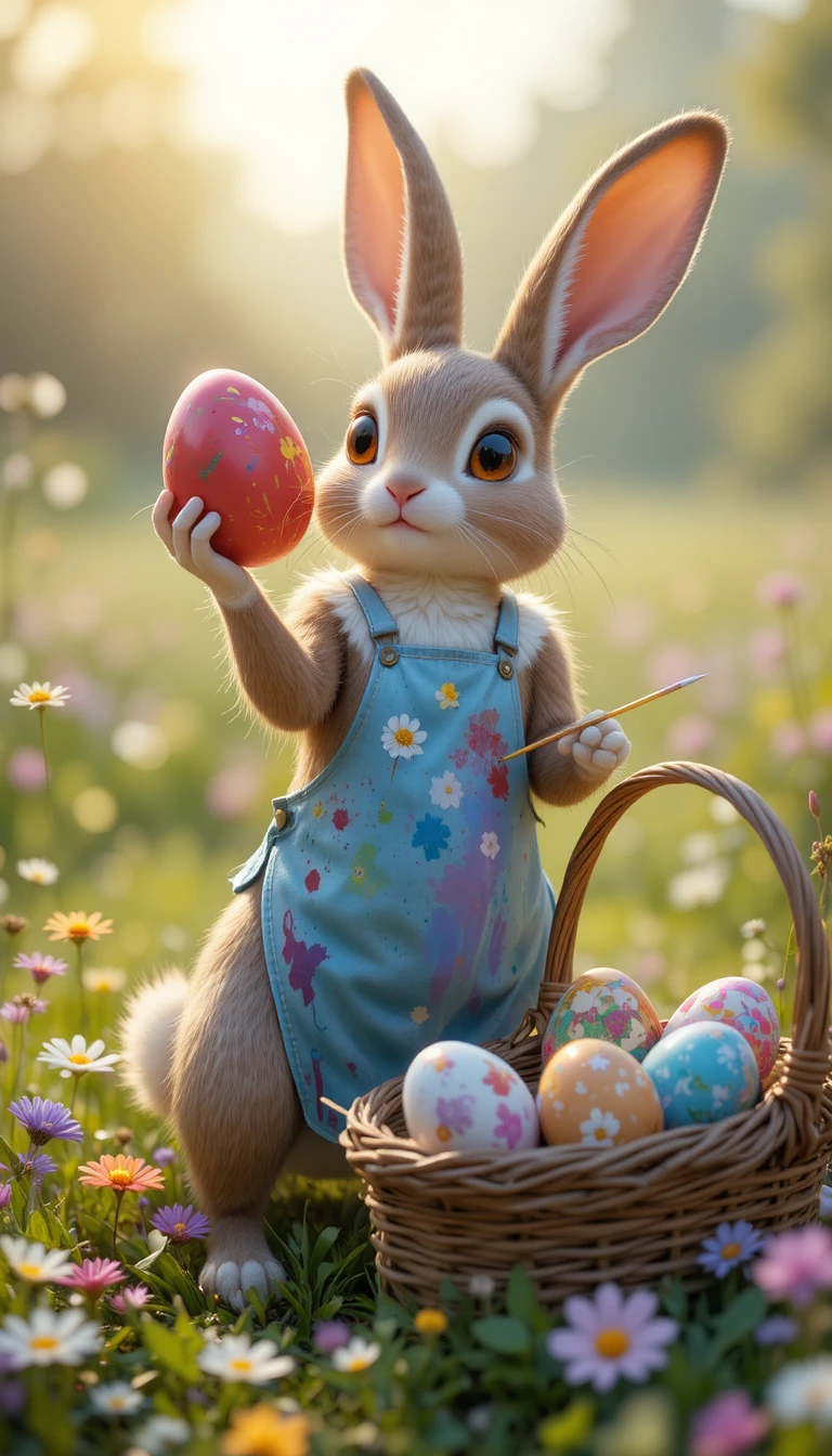 Künstlerischer Hase malt Blumen auf ein rotes Osterei