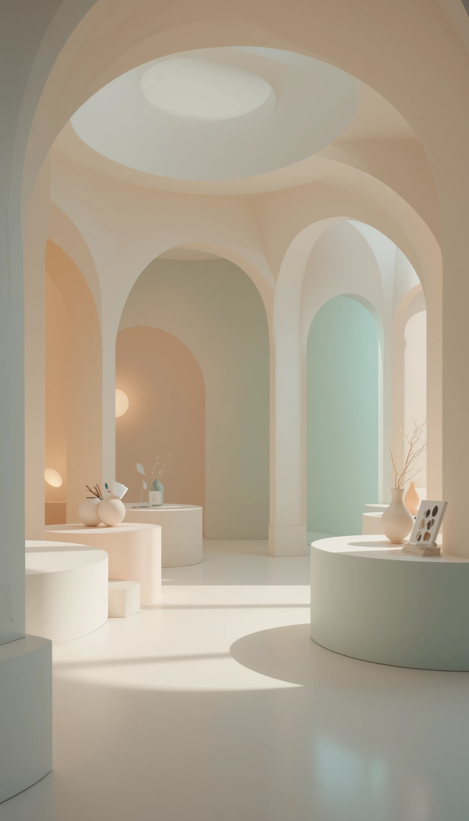 Galleria d’arte serena in toni pastello con morbide forme scultoree