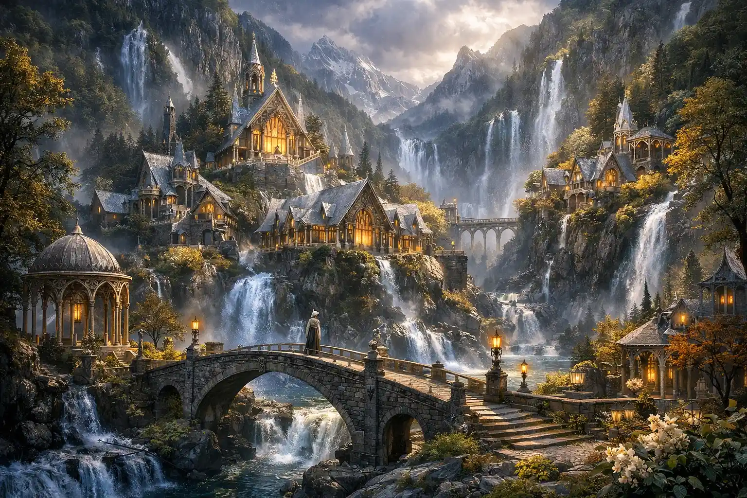 Paesaggio urbano fantasy surreale con architettura ispirata agli elfi