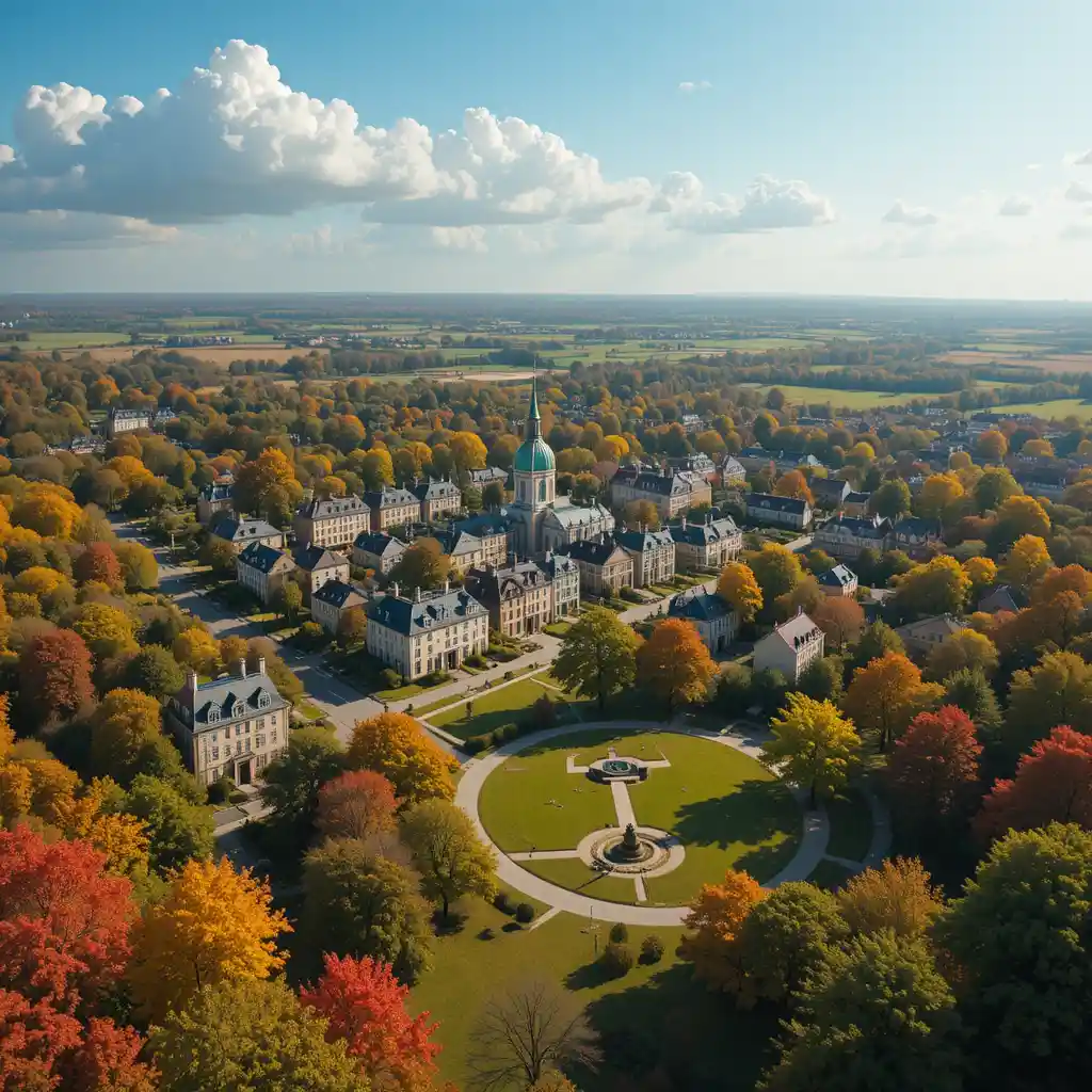 Sonnige Kleinstadt mit grünen Feldern und Herbstbäumen