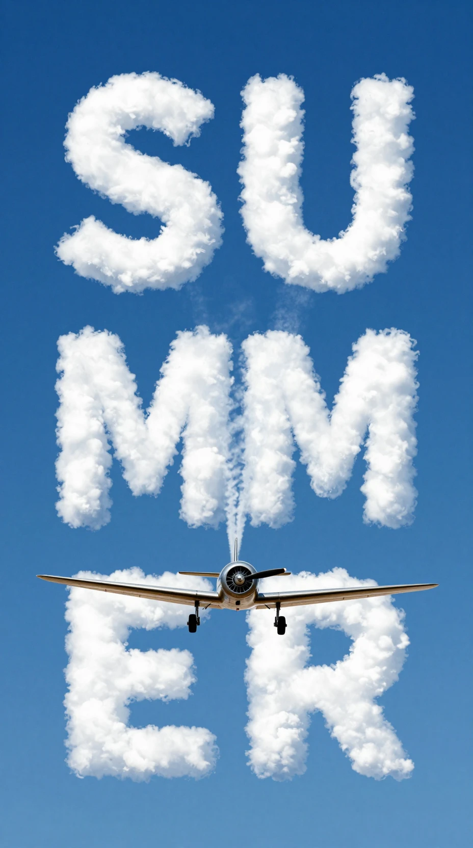 Nuages d’été formant un texte au-dessus d’un avion à hélice vintage