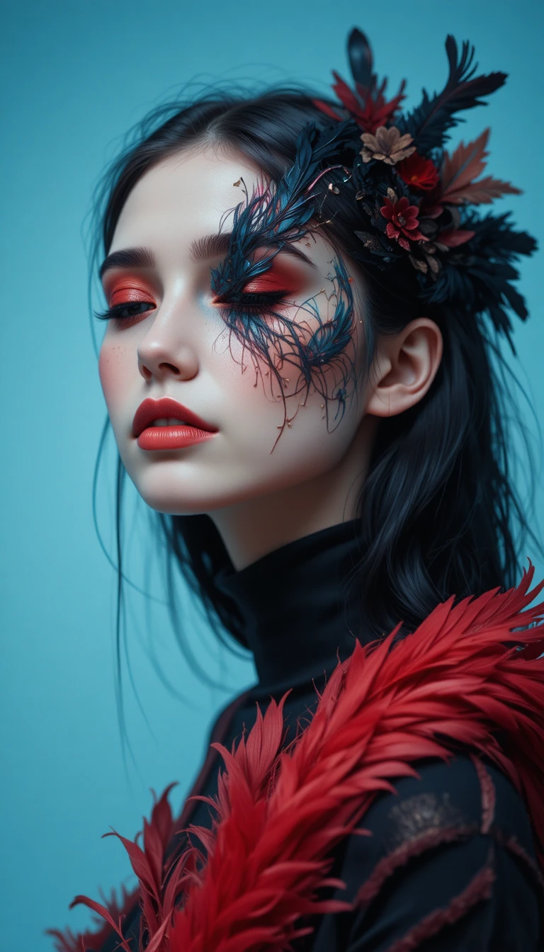 Calm fantasy portrait of a woman with surreal bird makeup