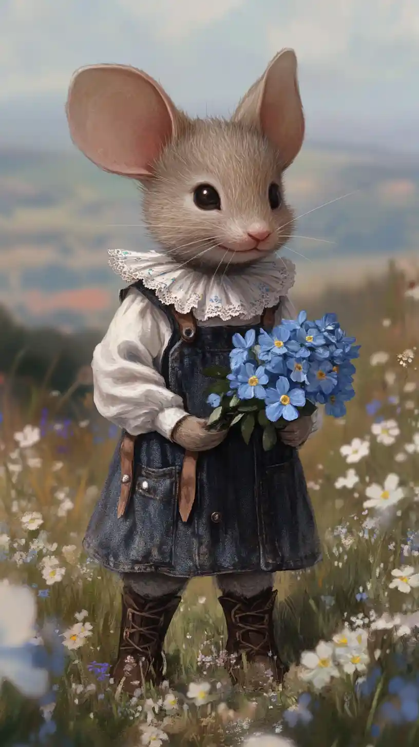Anthropomorphic baby mouse in blue overalls among wildflowers