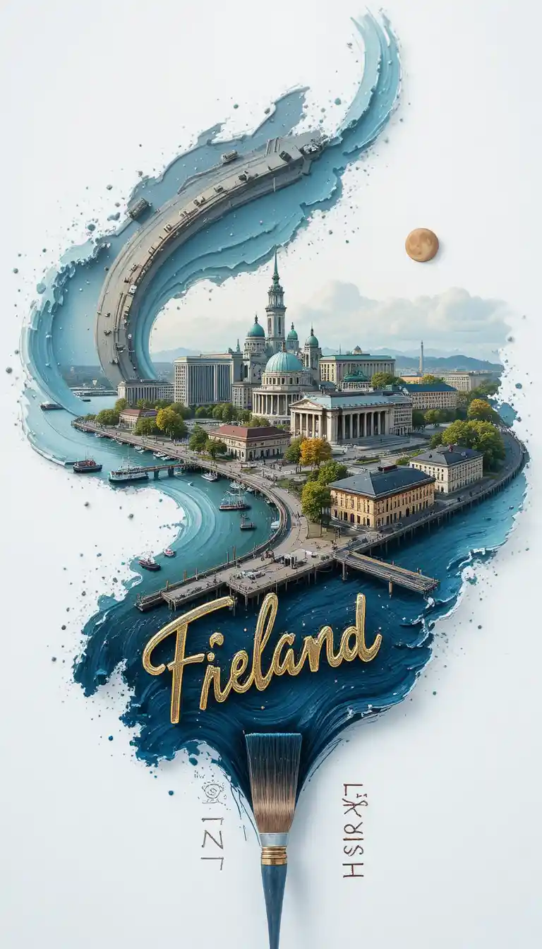 Pennellata che crea lo skyline di Helsinki in un unico tratto calligrafico