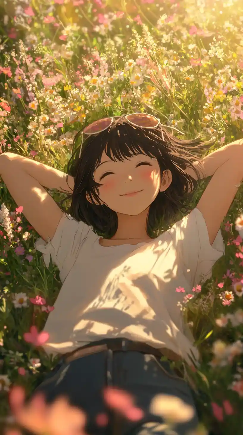 Anime girl relaxing in a sunny wildflower field