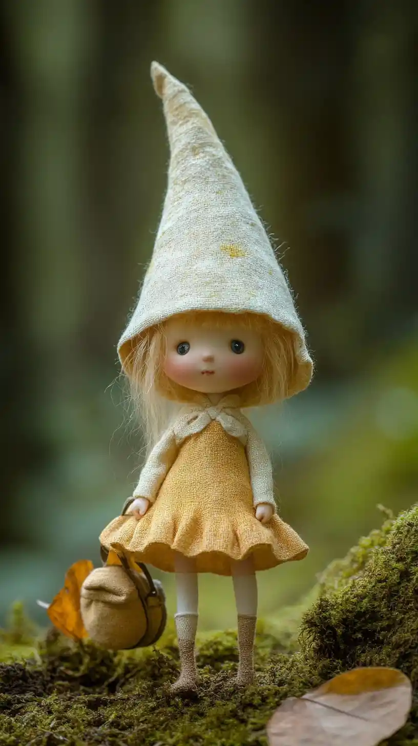 Tiny gnome girl traveling through giant mushroom valley