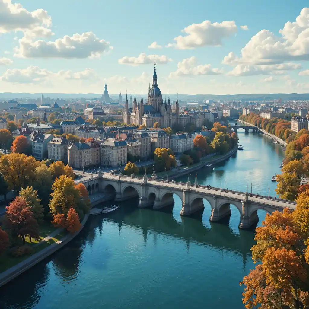Sunny riverside cityscape with ornate bridge and landmarks