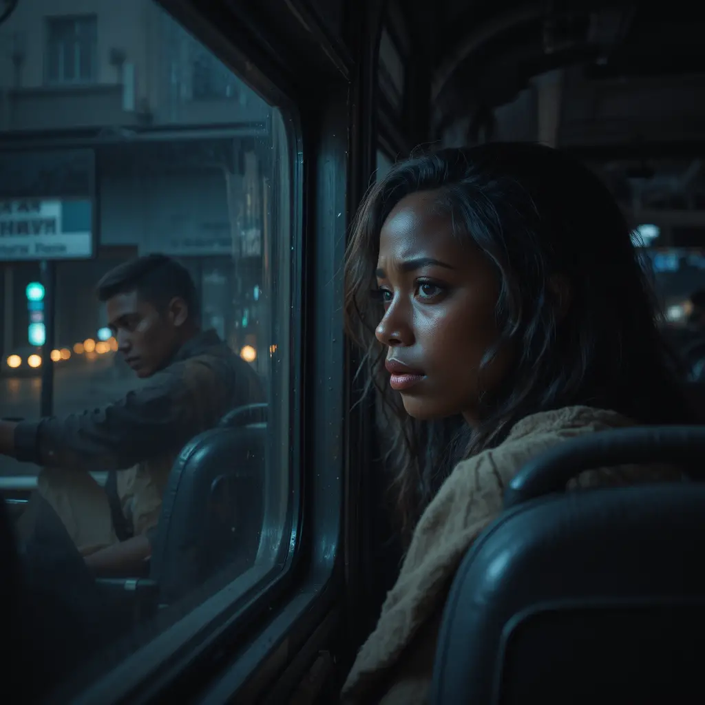 Niña nigeriana aterrorizada llorando en un autobús nocturno oscuro