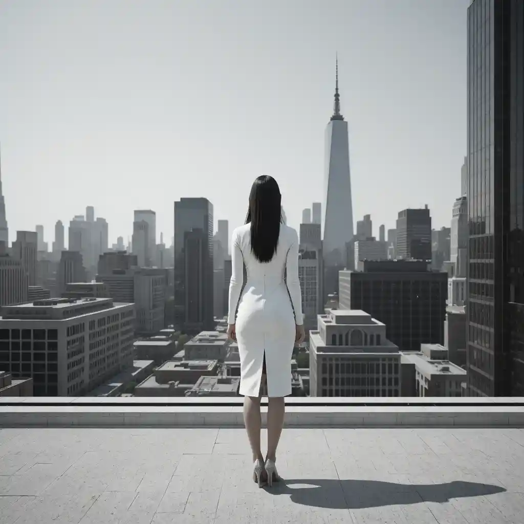 Frau in weißem Kleid auf sonniger Stadtdachterrasse