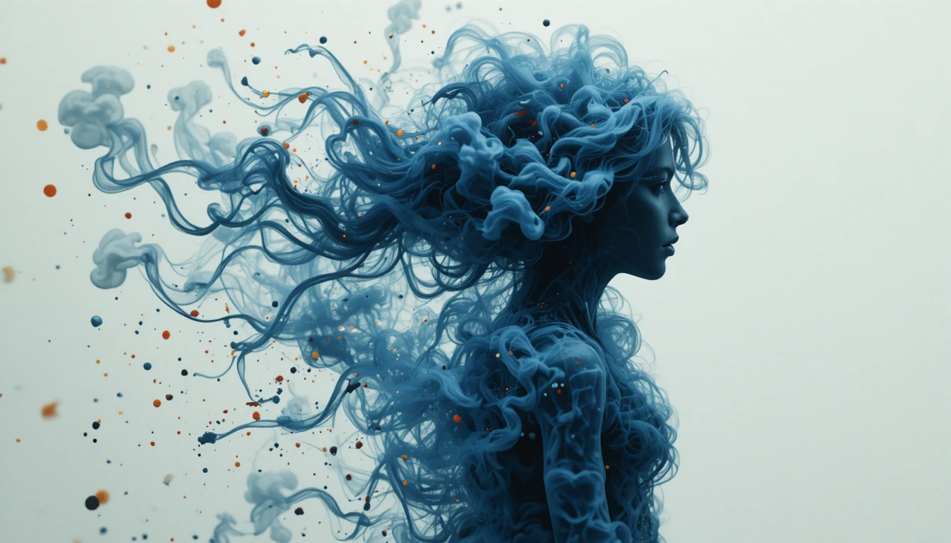 Female silhouette dissolving into swirling blue and grey smoke