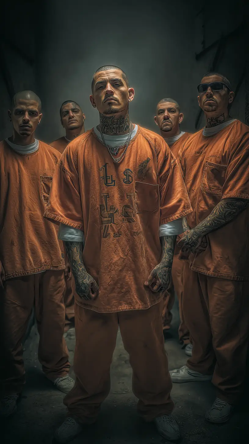 Latino gang members inside a crowded Los Angeles prison cell