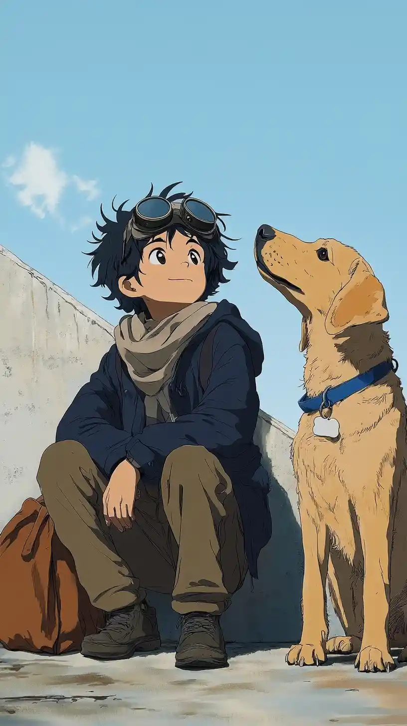 Boy And Labrador Gazing At The Clear Blue Sky