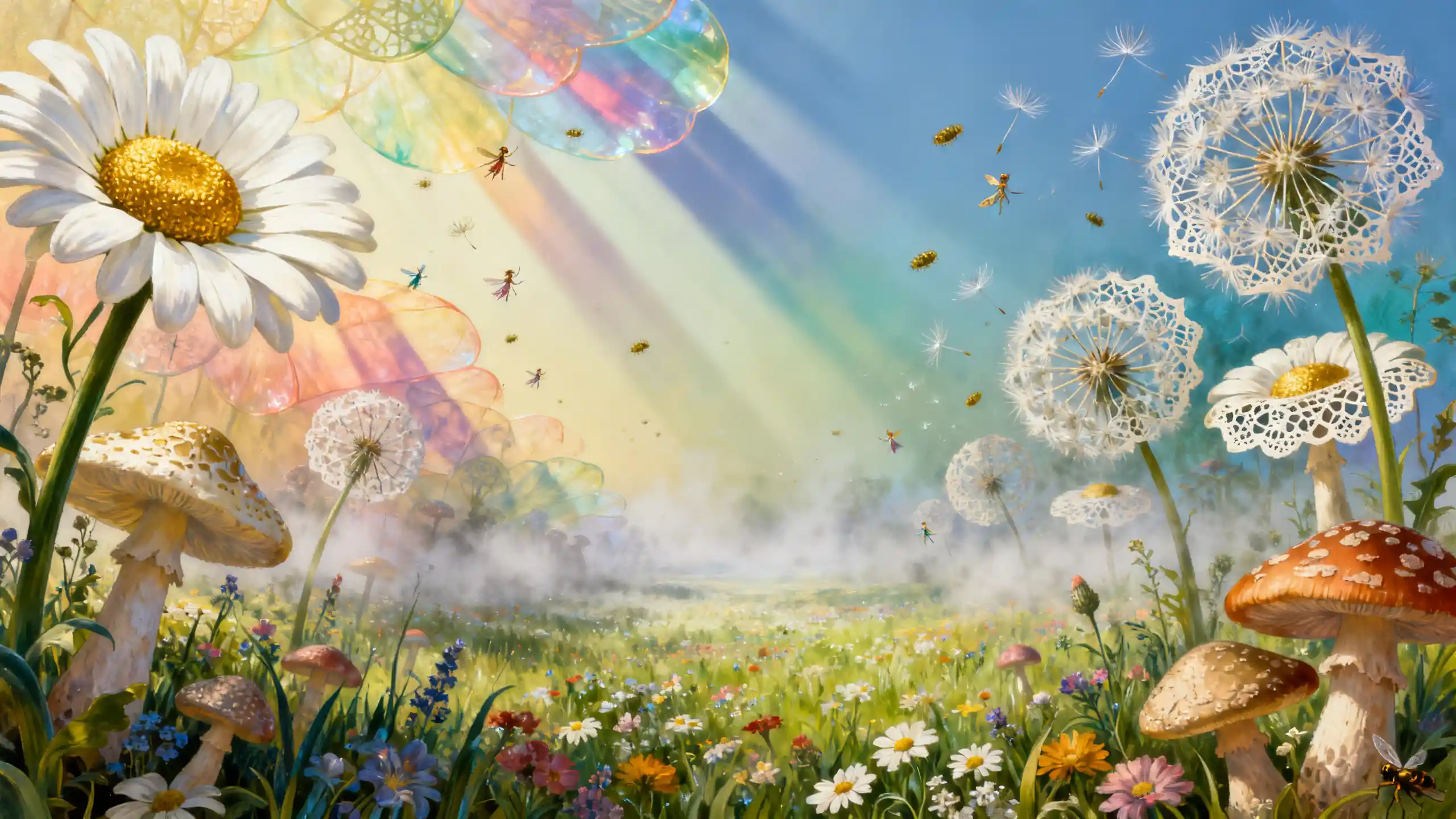 Surreal Acrylic Painting Of Giant Flower Mushrooms
