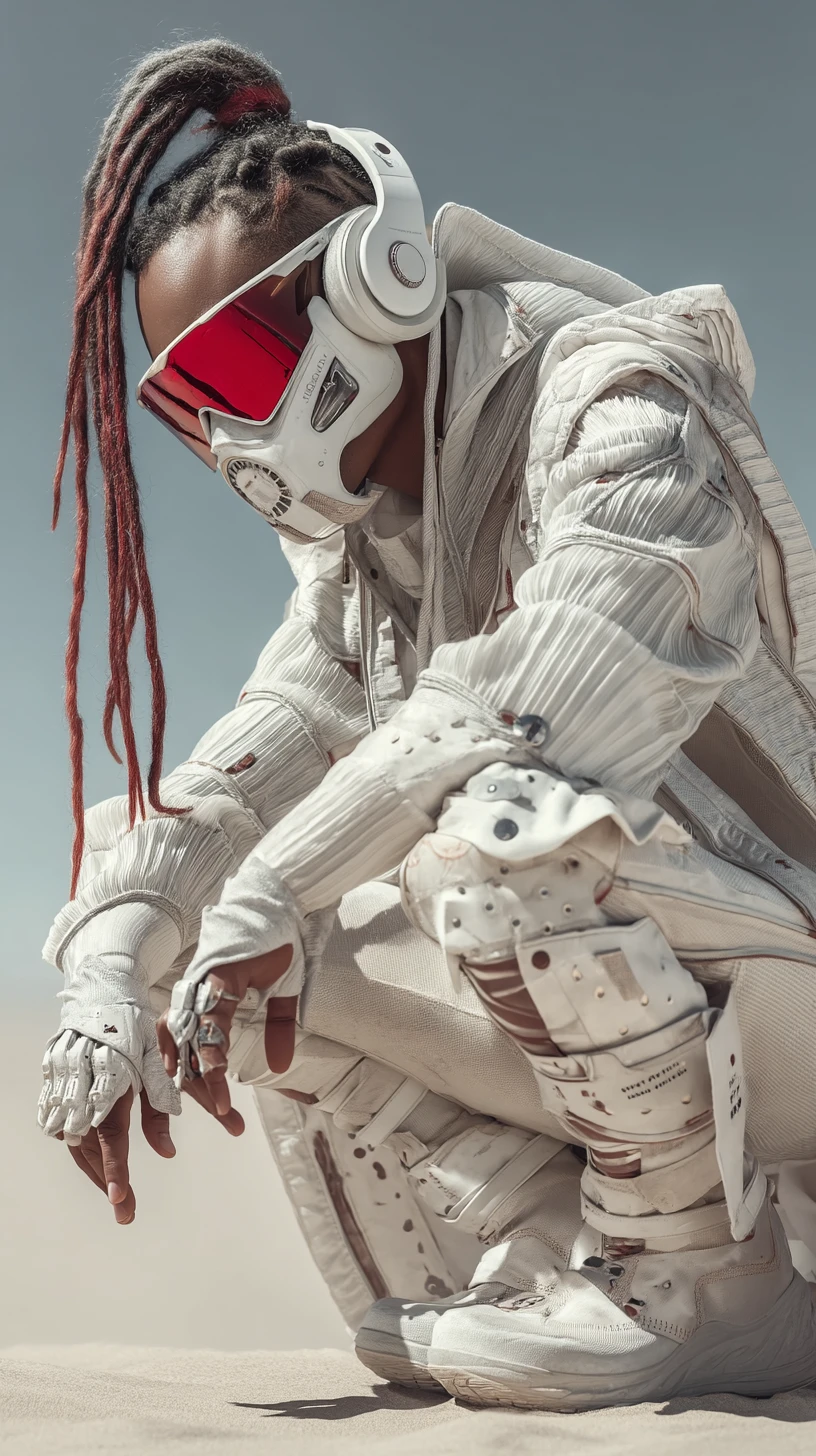 Person in white futuristic gear, red goggles, and headphones crouching in a desert landscape.