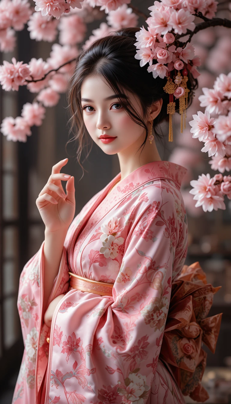 柔和光暈下櫻花和服的優雅女子